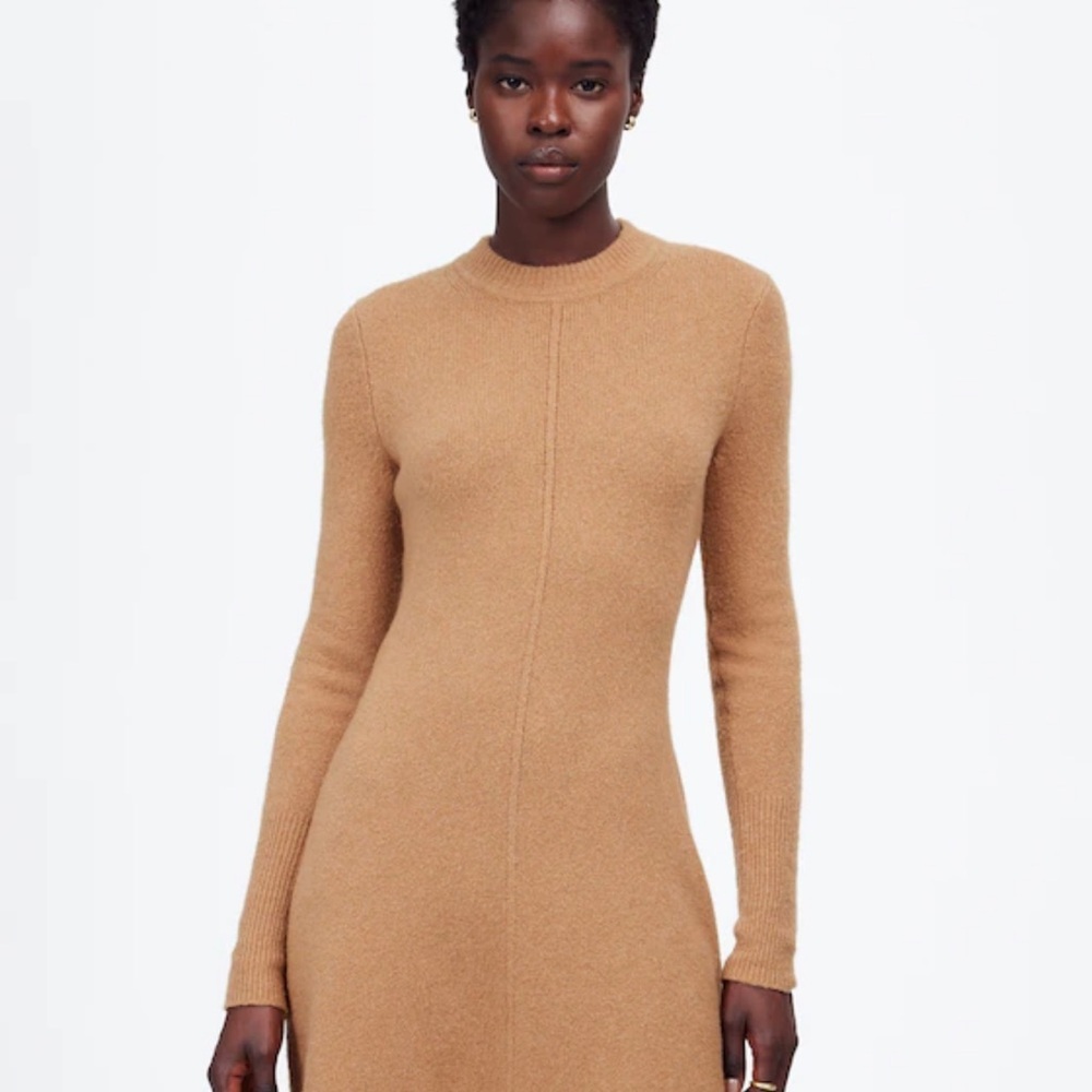 Madewell Slim Crewneck Long Sleeve Knit Dress in Camel